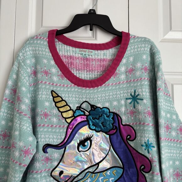 Ugly Christmas Sweater Women Knit Blue Unicorn Pullover Crew Neck Holiday Festiv - Picture 5 of 9